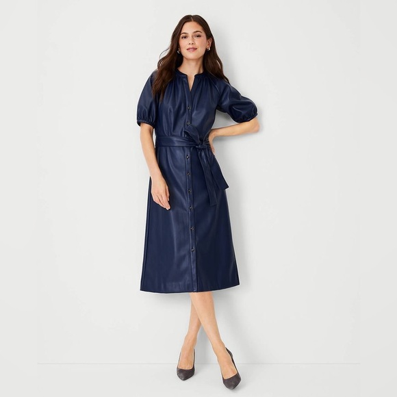 Ann Taylor Dresses & Skirts - Ann Taylor Navy Faux-Leather Button-Front Midi Dress with Tie Waist